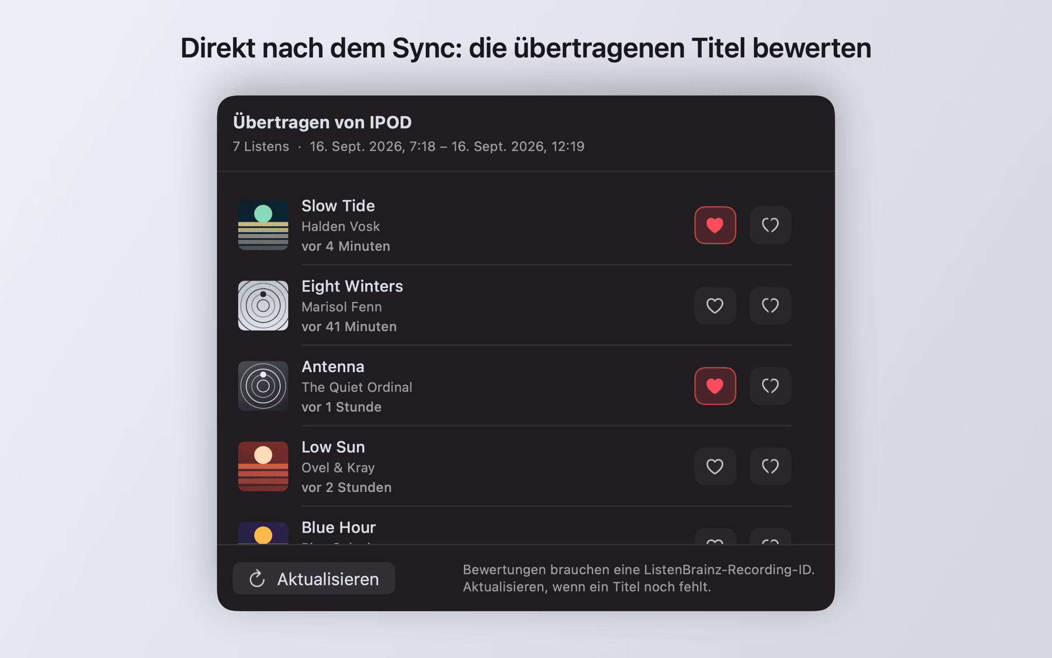 Fenster „Übertragen von IPOD“ mit den gerade hochgeladenen Titeln und Bewertungs-Schaltflächen je Zeile