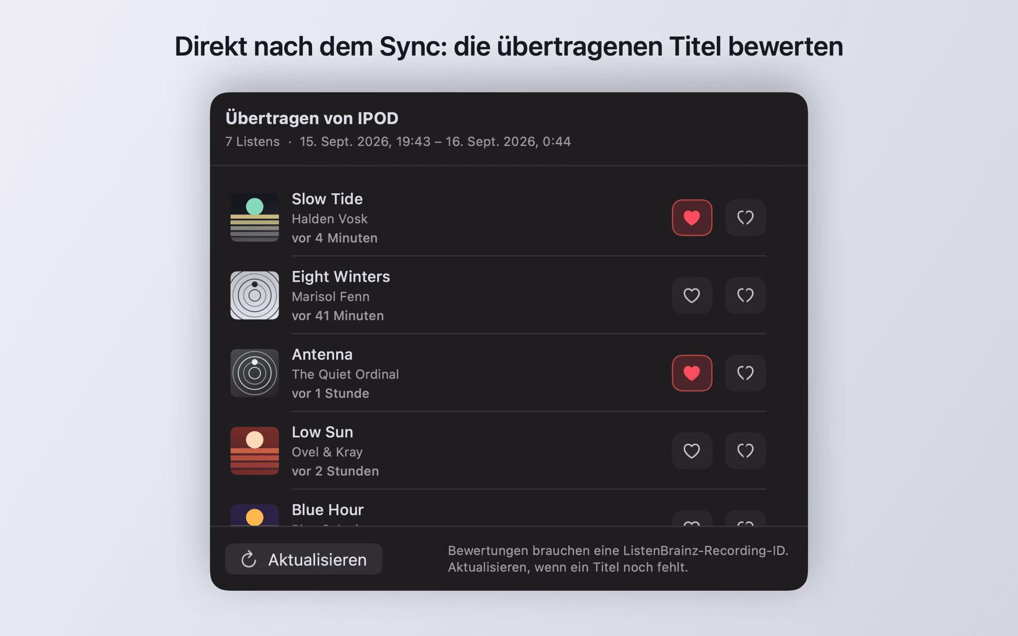 Fenster „Übertragen von IPOD“ mit den gerade hochgeladenen Titeln und Bewertungs-Schaltflächen je Zeile
