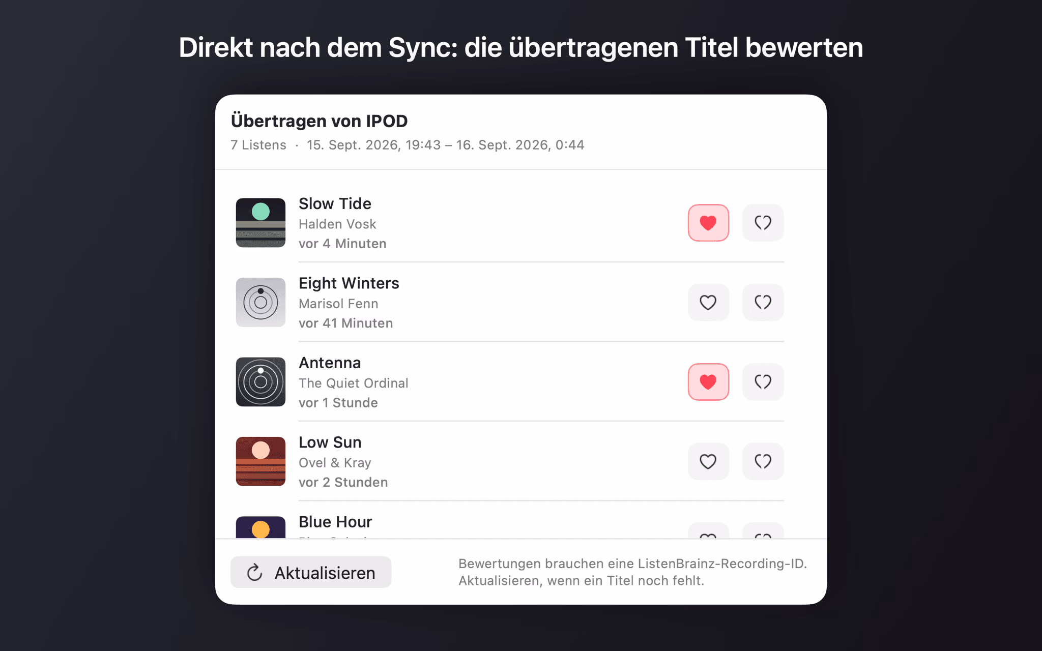 Fenster „Übertragen von IPOD“ mit den gerade hochgeladenen Titeln und Bewertungs-Schaltflächen je Zeile