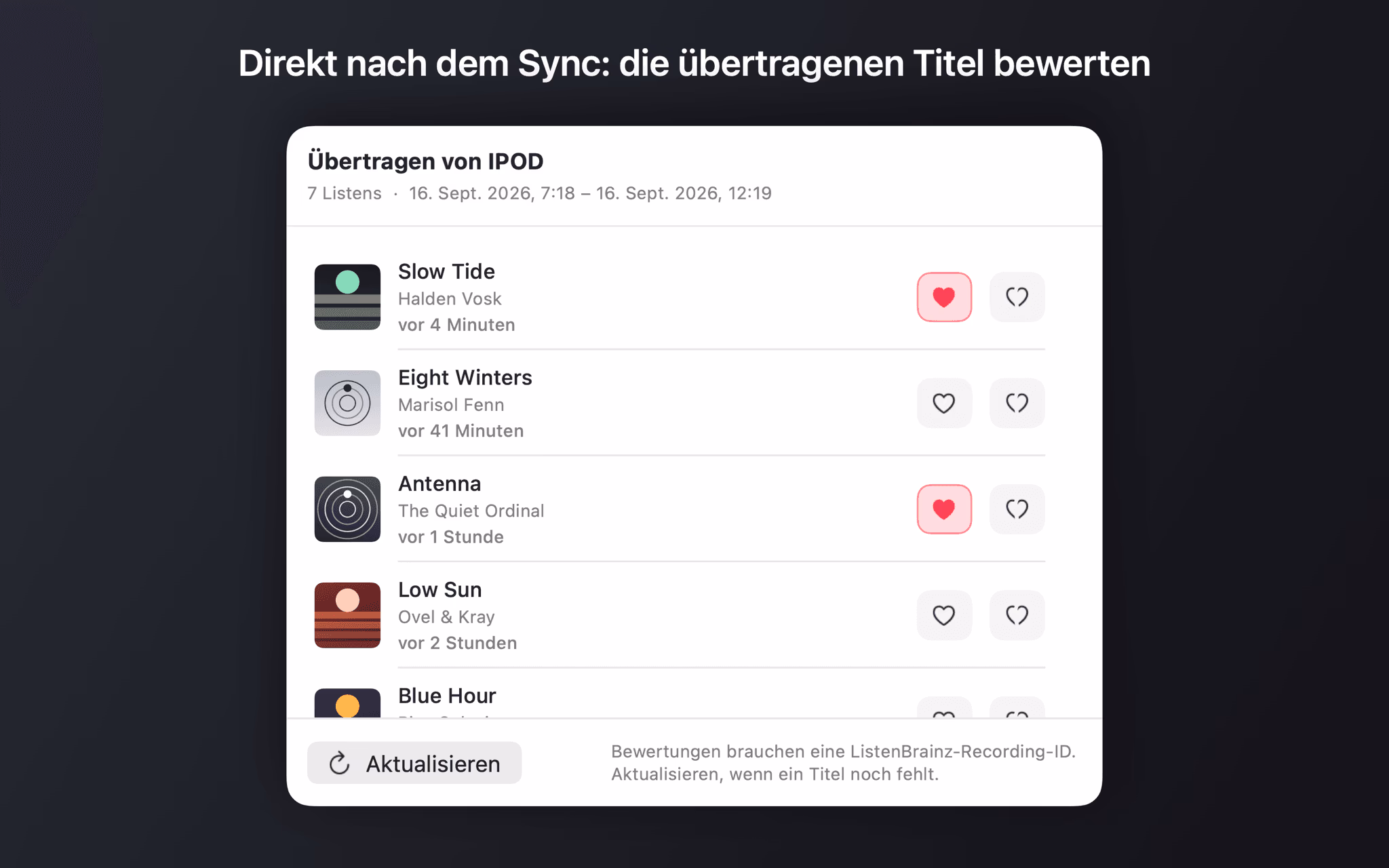 Fenster „Übertragen von IPOD“ mit den gerade hochgeladenen Titeln und Bewertungs-Schaltflächen je Zeile