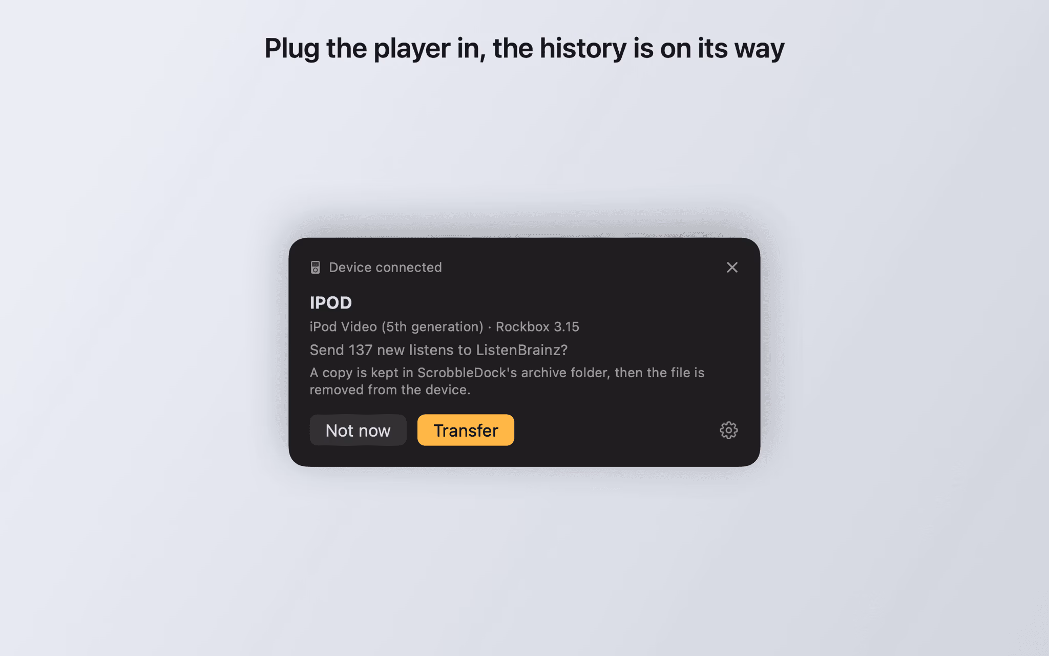 Device connected popup showing a detected iPod Video on Rockbox 3.15 and asking whether to send 137 new listens
