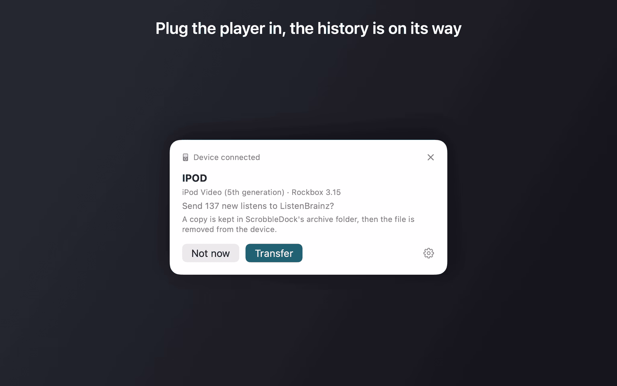 Device connected popup showing a detected iPod Video on Rockbox 3.15 and asking whether to send 137 new listens