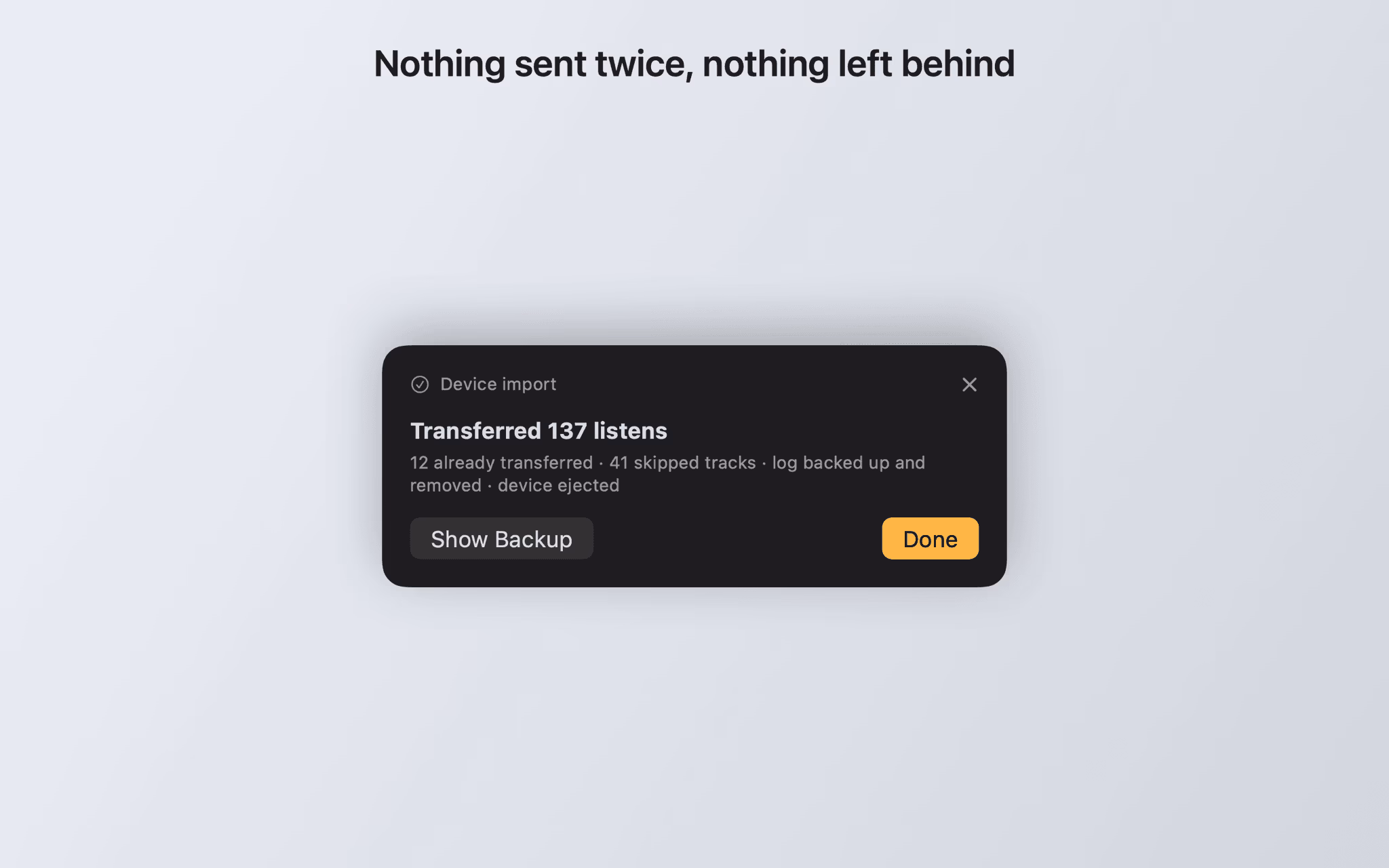 Import result popup reporting 137 transferred listens plus already transferred and skipped tracks