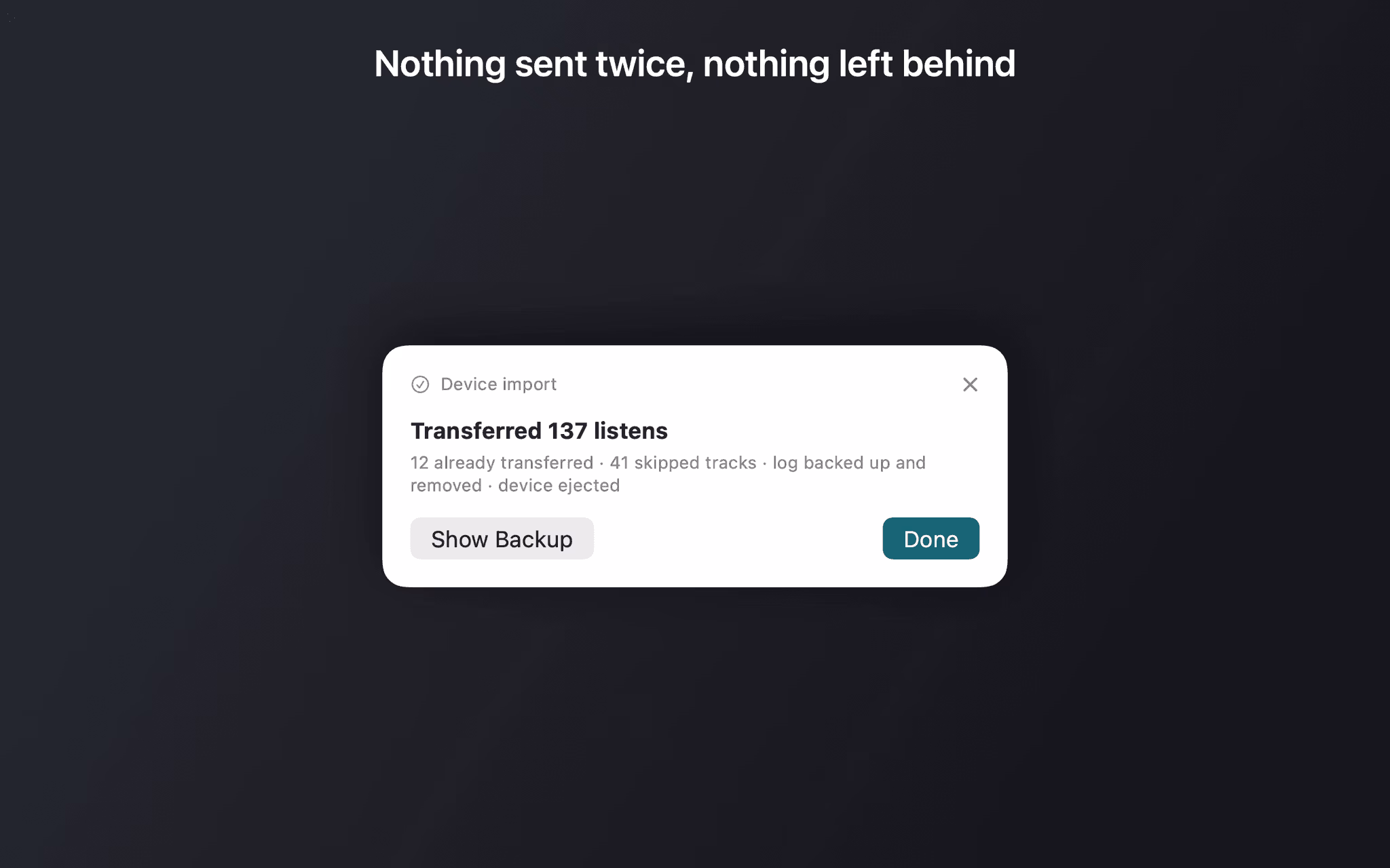 Import result popup reporting 137 transferred listens plus already transferred and skipped tracks