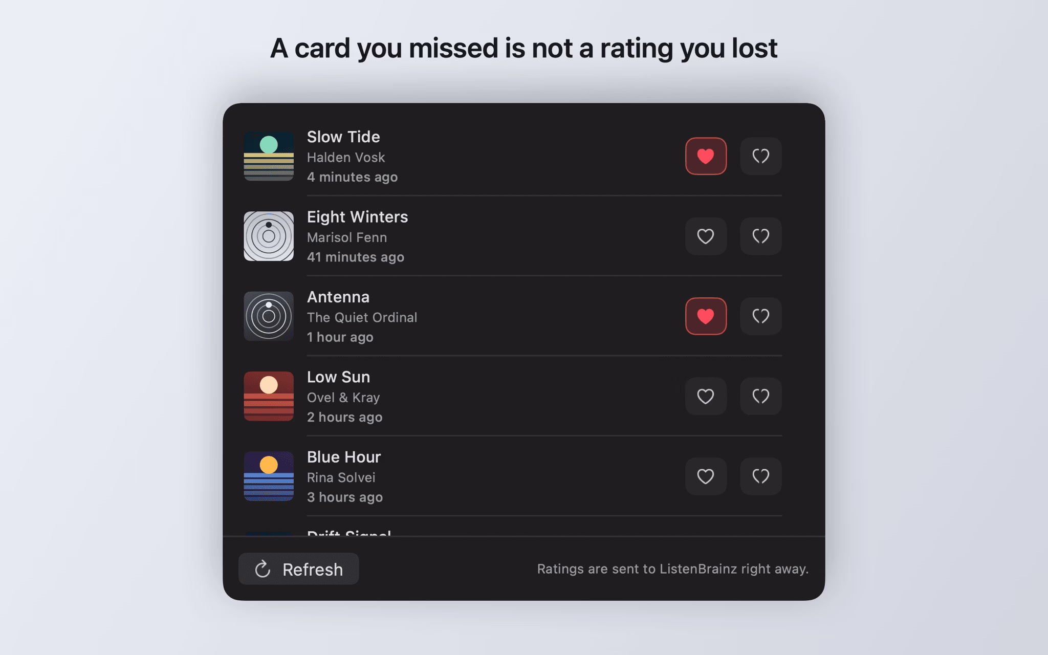 Recent listens window with rating buttons on every row