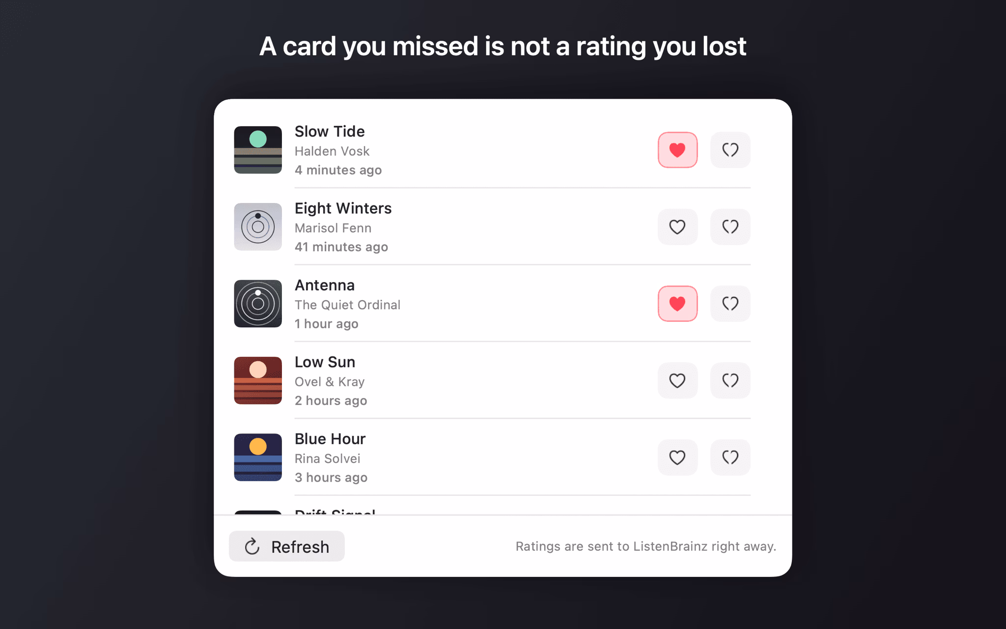 Recent listens window with rating buttons on every row