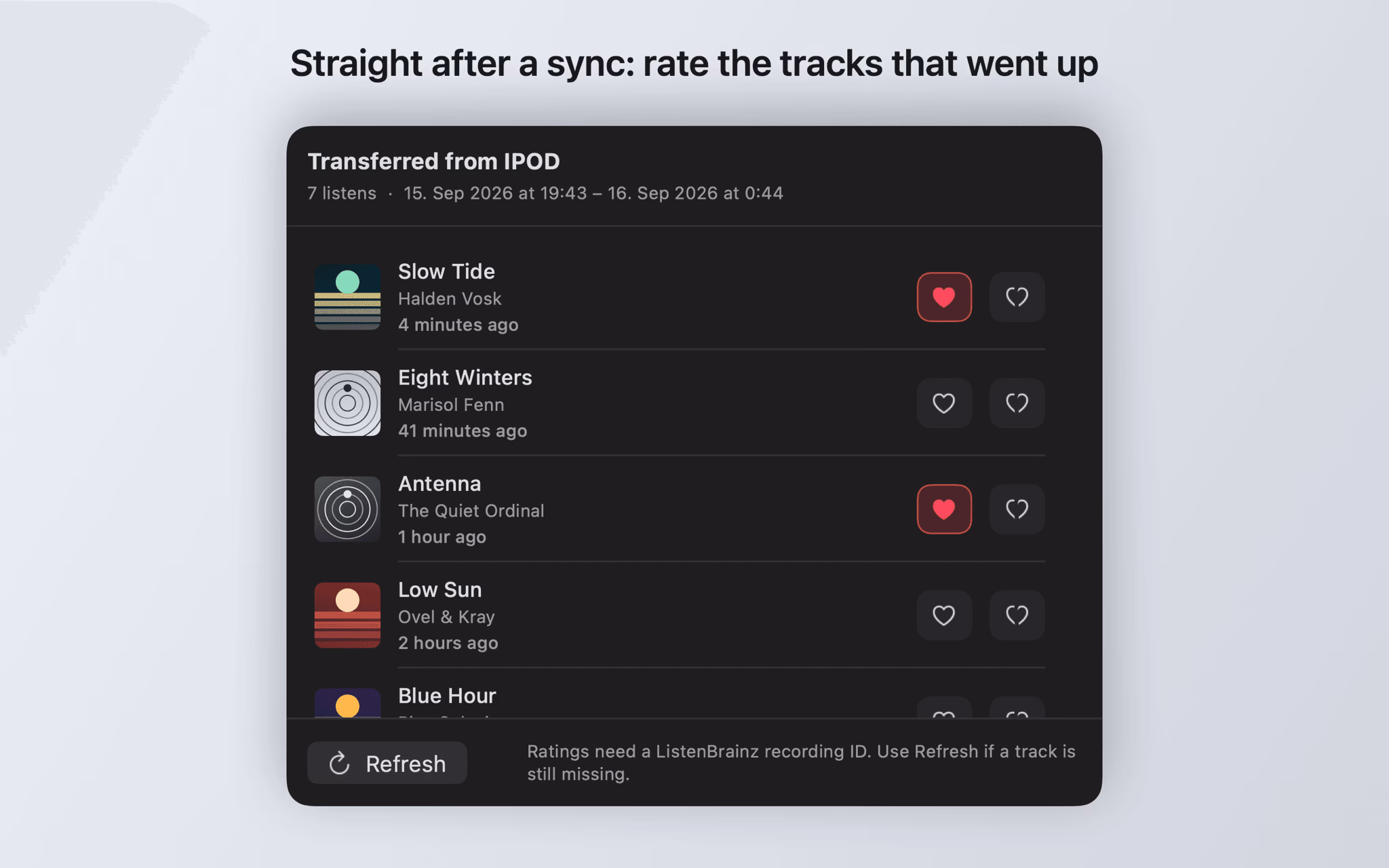 Window titled Transferred from IPOD listing the tracks that were just uploaded, each with rating buttons