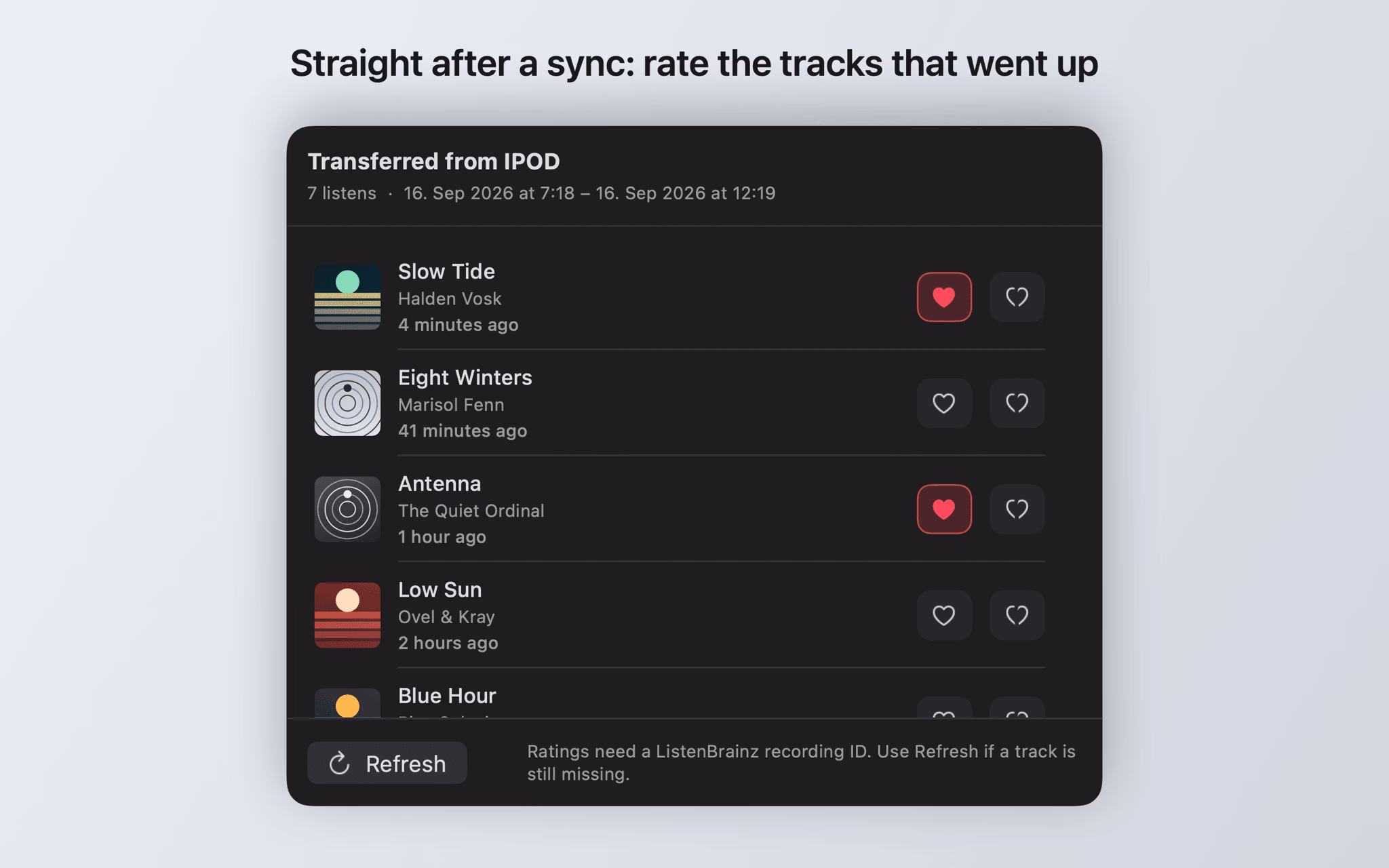 Window titled Transferred from IPOD listing the tracks that were just uploaded, each with rating buttons