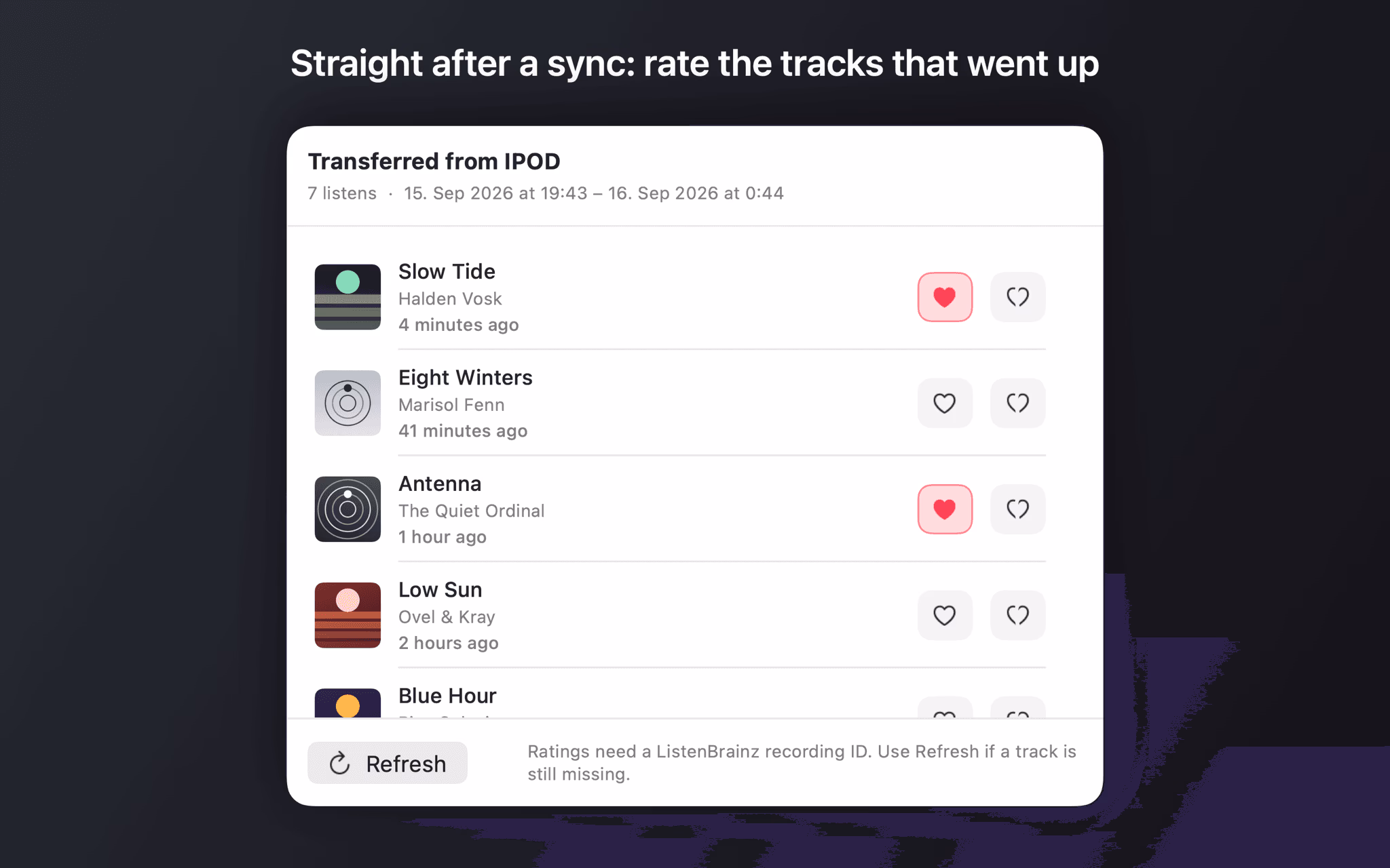 Window titled Transferred from IPOD listing the tracks that were just uploaded, each with rating buttons