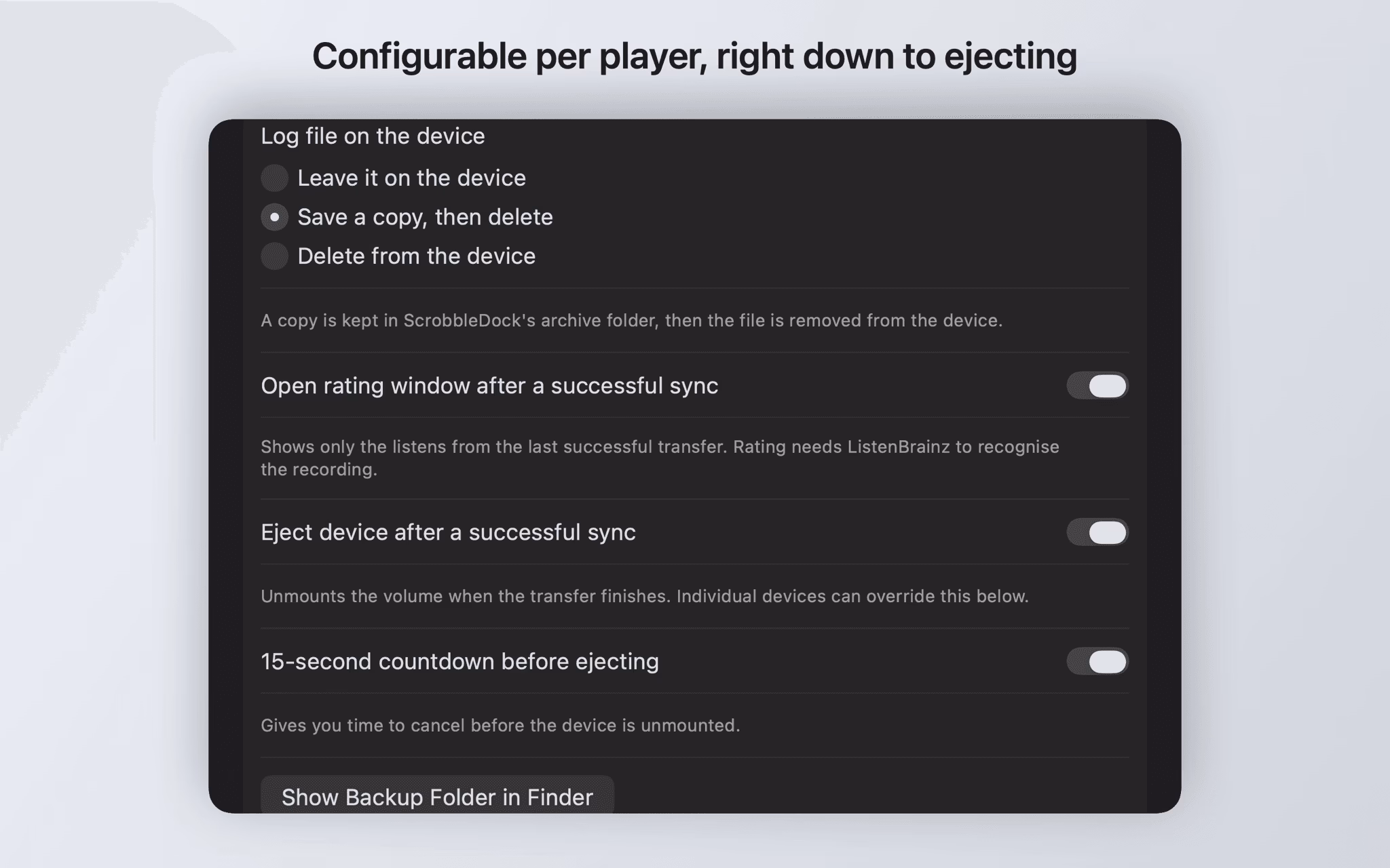 Device settings with options for the log file, the rating window, ejecting and the countdown