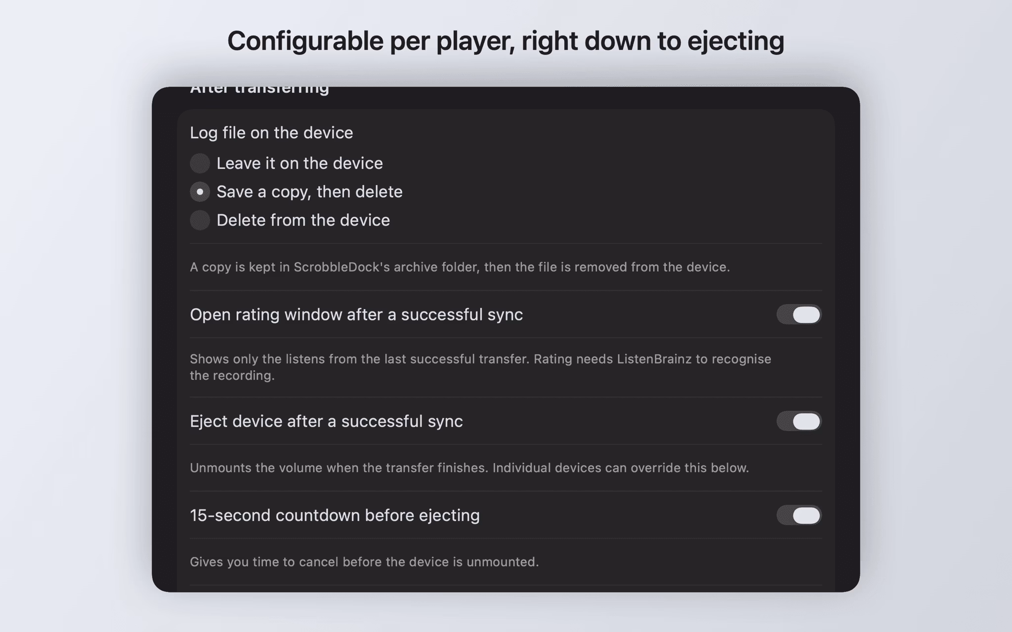Device settings with options for the log file, the rating window, ejecting and the countdown