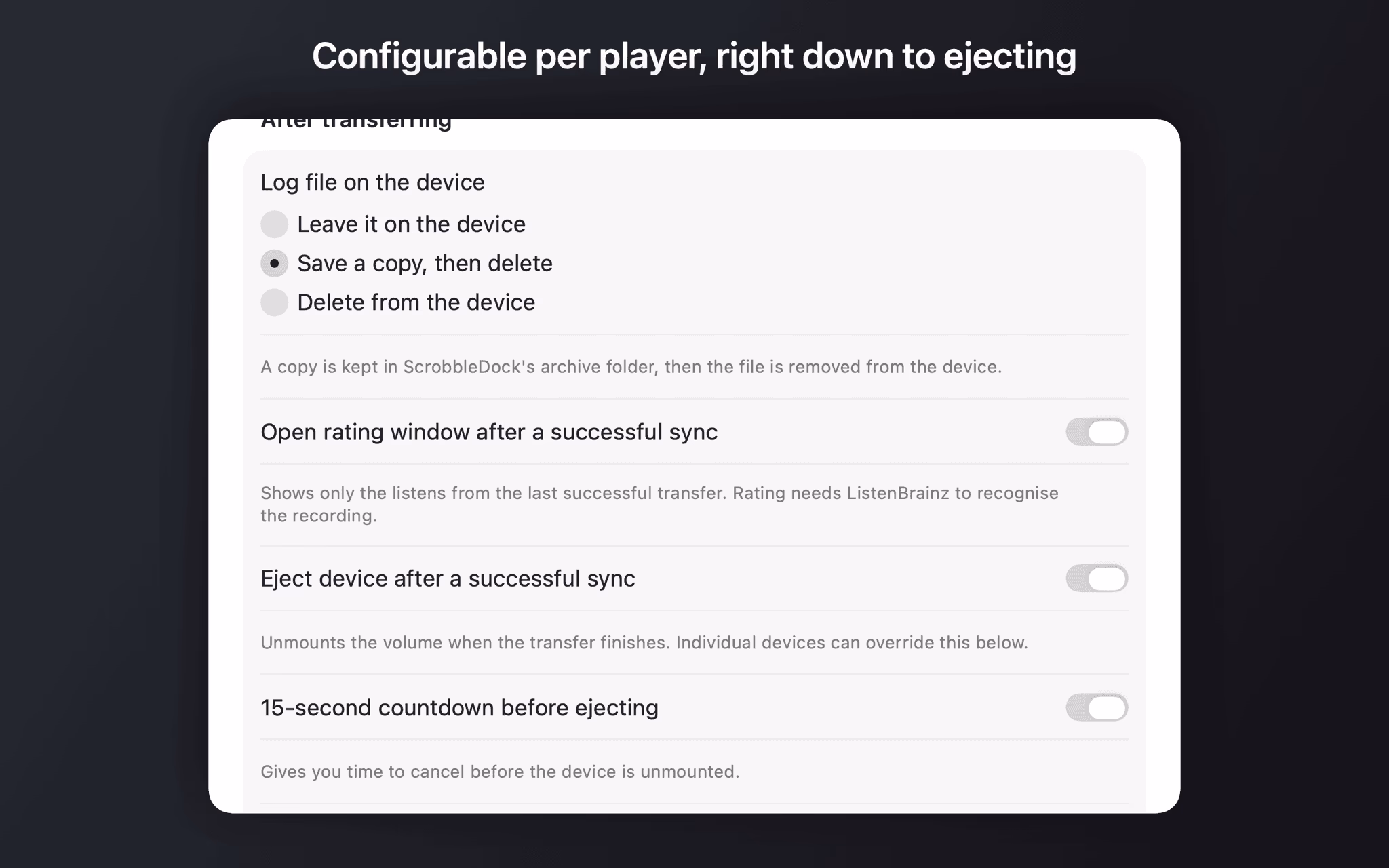 Device settings with options for the log file, the rating window, ejecting and the countdown