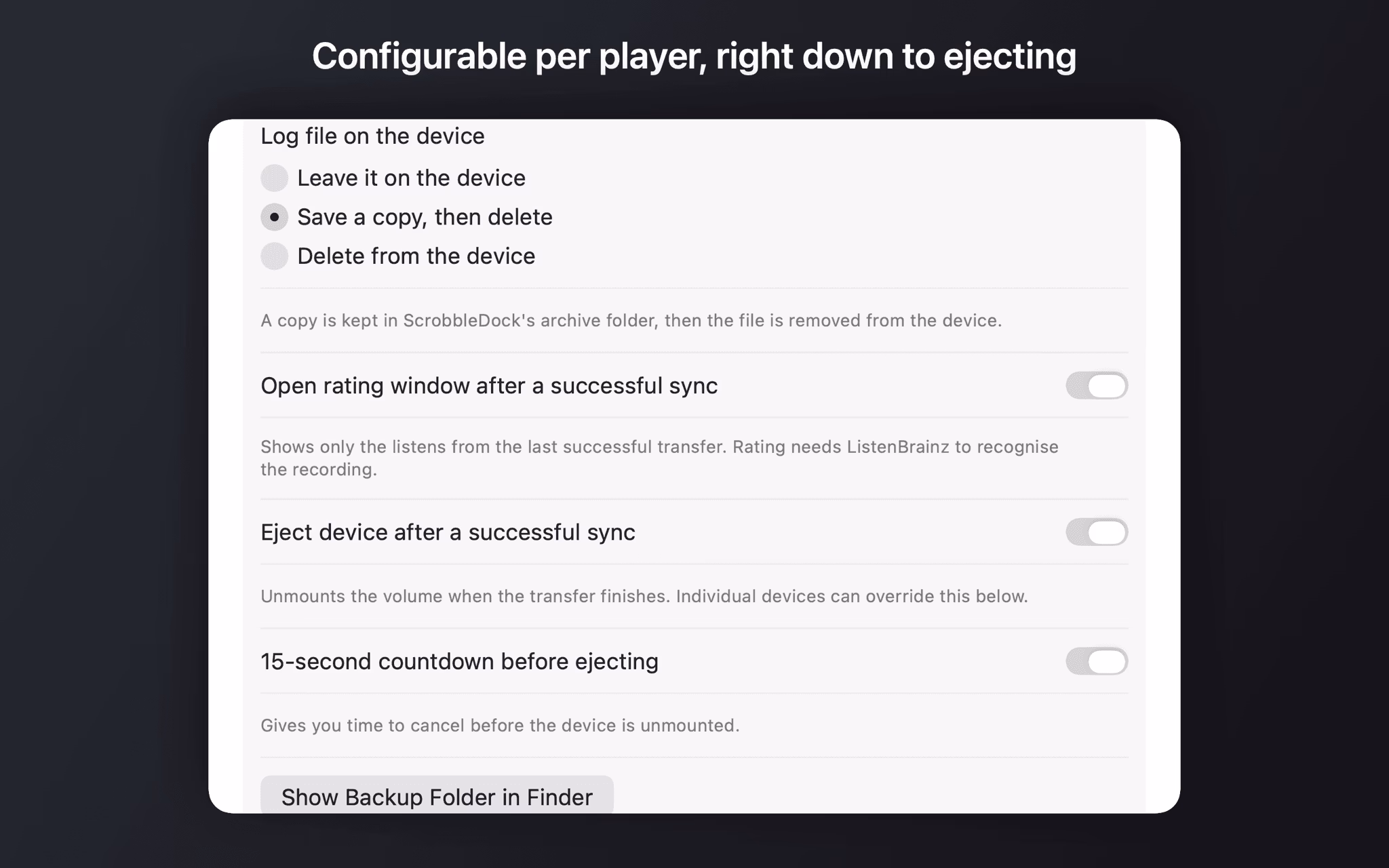 Device settings with options for the log file, the rating window, ejecting and the countdown